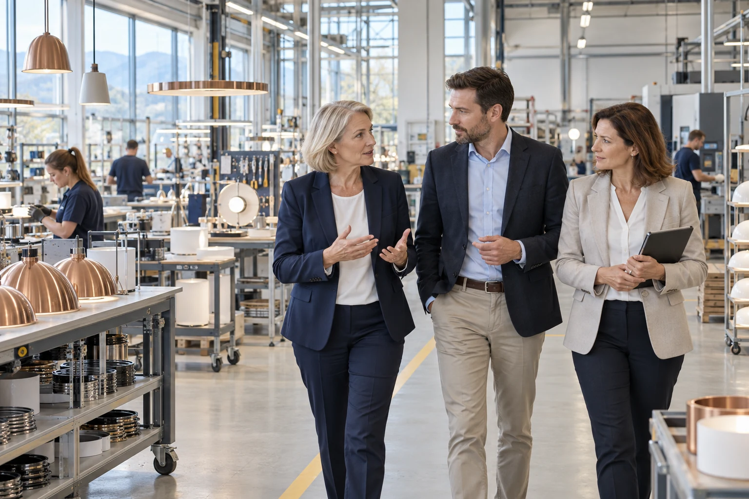 Unternehmerin, Kaufinteressent und Gesprächsbegleiterin in einer modernen Leuchtenfertigung